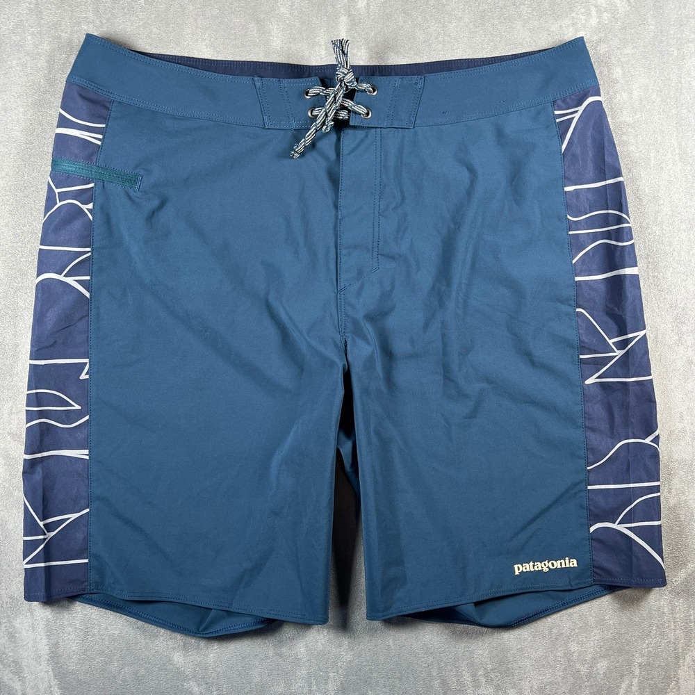 Patagonia Hydro Series Boardshorts Mens 34 Blue Graphic Stretch Swim Trunks